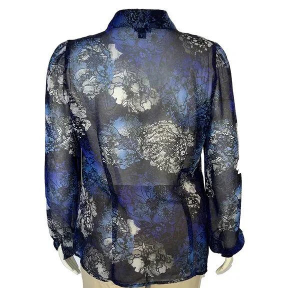 East 5th Blouse Button Up Womens L Semi Sheer Black Blue Abstract Long Sleeve - Picture 6 of 13